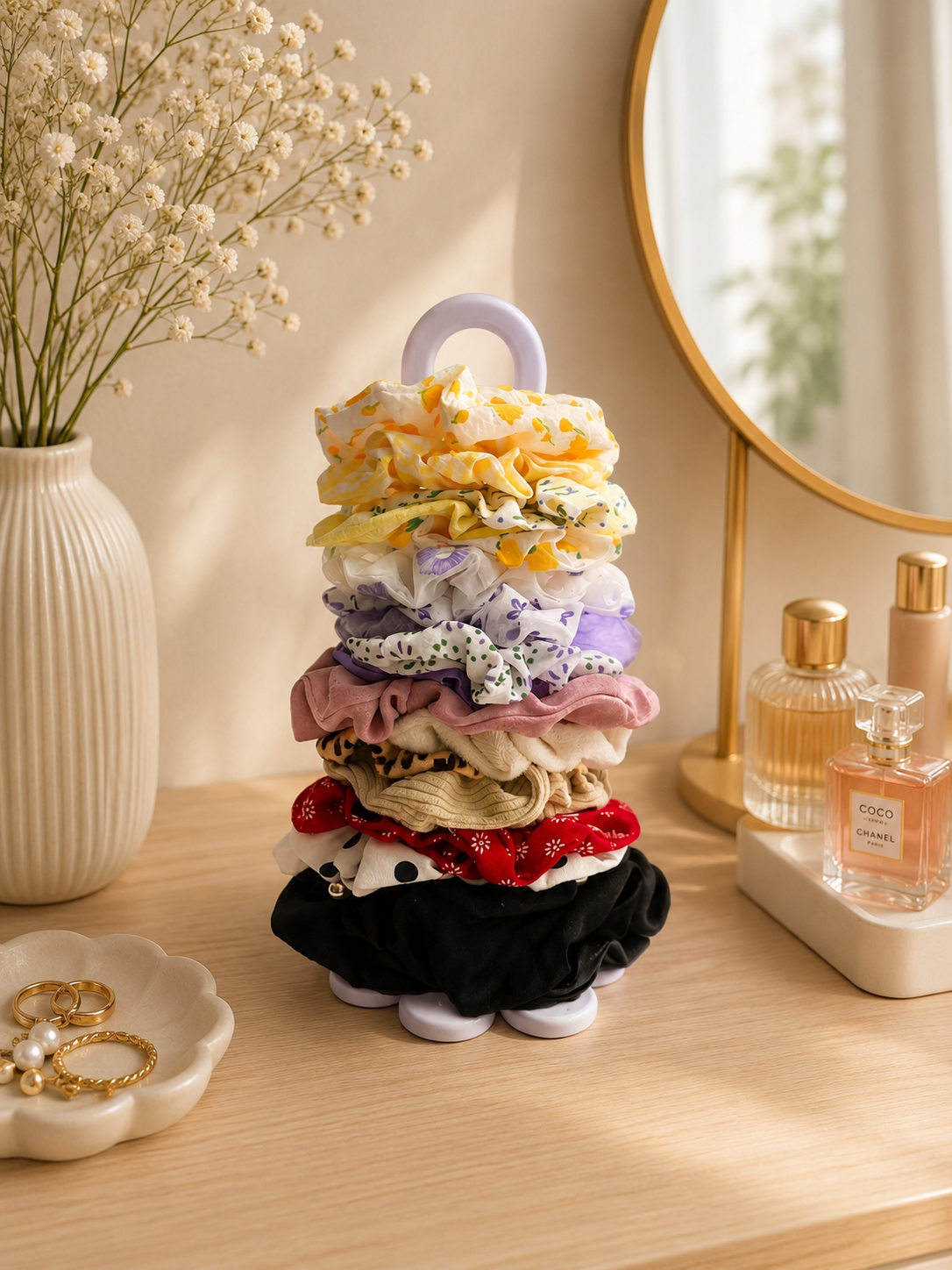 Flower storage tower for scrunchies 